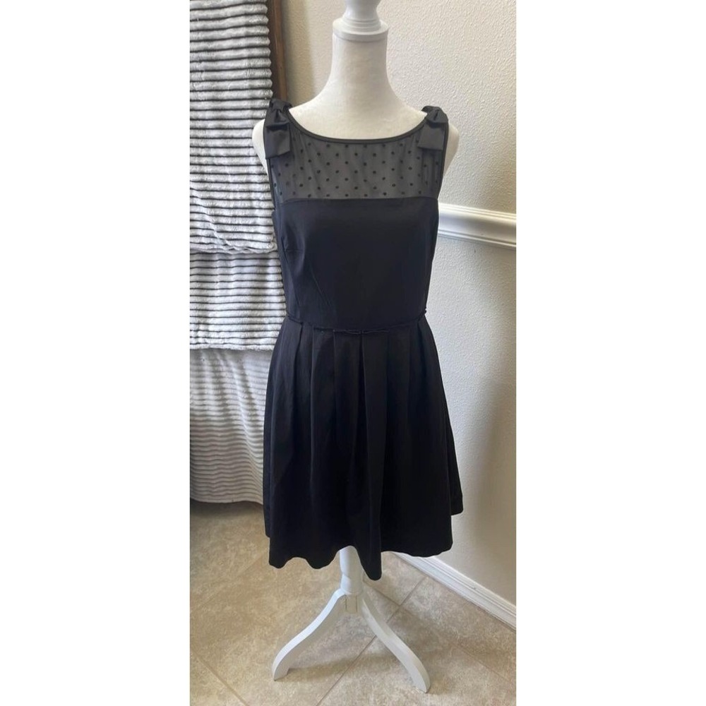 White House Black Market Black Polka Dot Mesh Bow Shoulder Fit Flare Dress